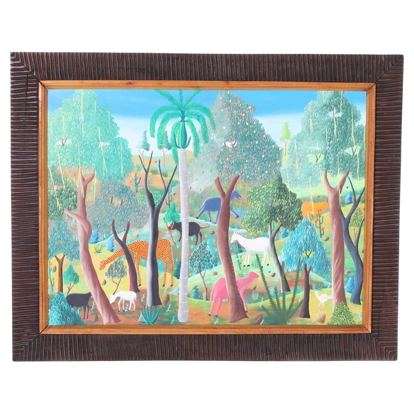 Haitian Painting on Board of a Jungle Scene
