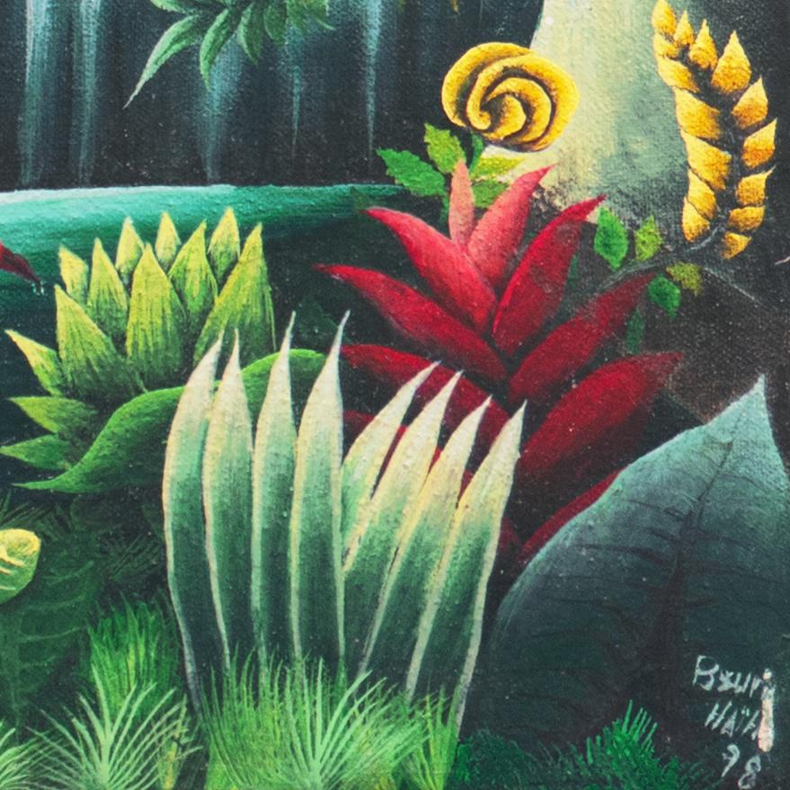 'Garden of Eden', Idyllic Haitian Folk Art, Arcadian, Paradise, Giraffe, Leopard - Painting by Haitian School