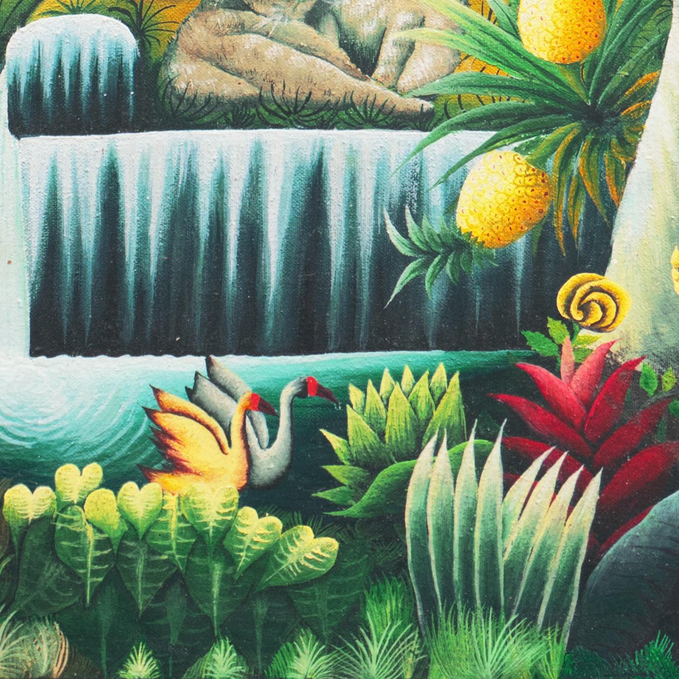 „Garden des Eden“, idyllische haitianische Volkskunst, arkadianisch, Paradies, Giraffen, Leopard (Zeitgenössisch), Painting, von Haitian School