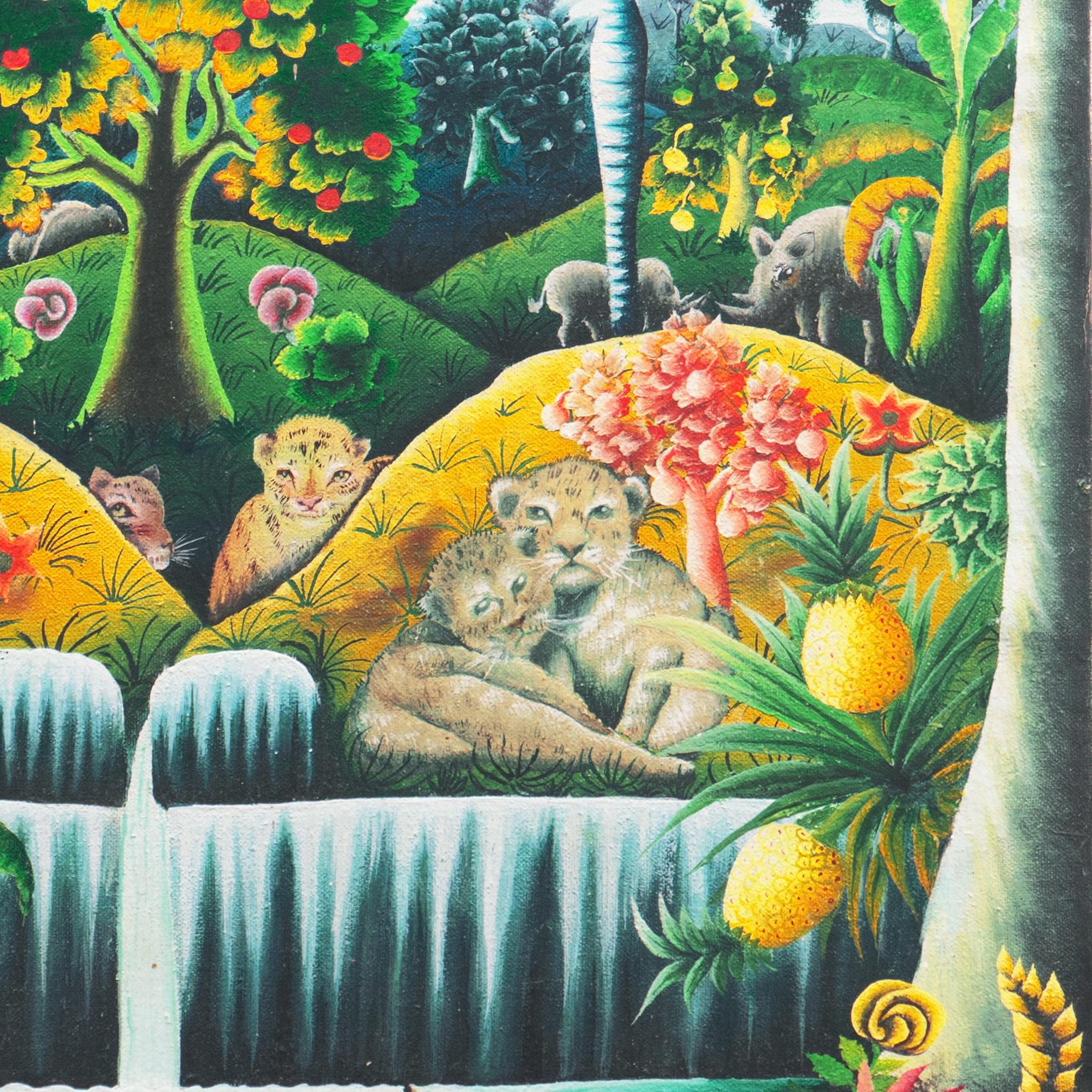 „Garden des Eden“, idyllische haitianische Volkskunst, arkadianisch, Paradies, Giraffen, Leopard (Grau), Landscape Painting, von Haitian School