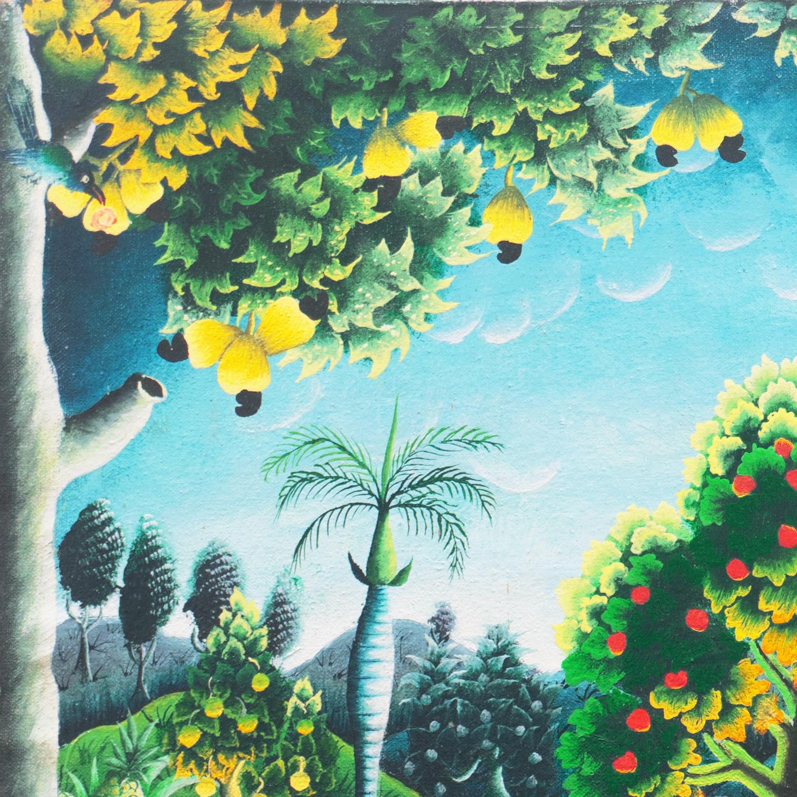 'Garden of Eden', Idyllic Haitian Folk Art, Arcadian, Paradise, Giraffe, Leopard - Contemporary Painting by Haitian School