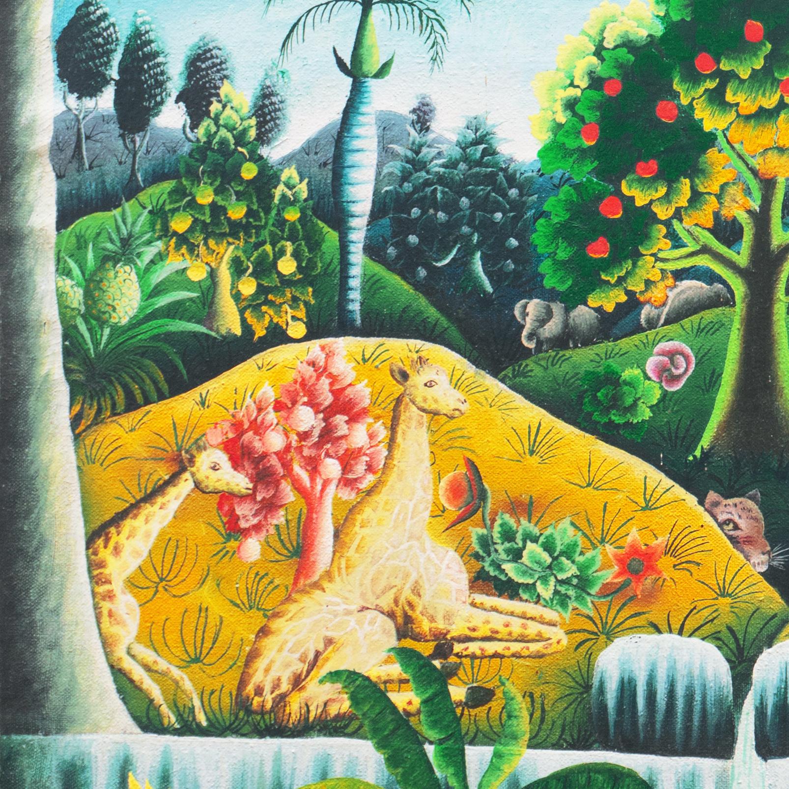 'Garden of Eden', Idyllic Haitian Folk Art, Arcadian, Paradise, Giraffe, Leopard - Gray Landscape Painting by Haitian School