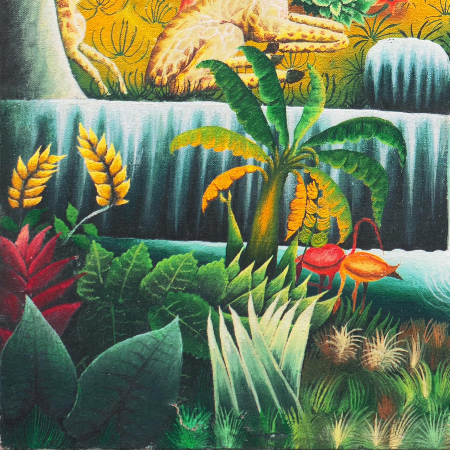 „Garden des Eden“, idyllische haitianische Volkskunst, arkadianisch, Paradies, Giraffen, Leopard im Angebot 3