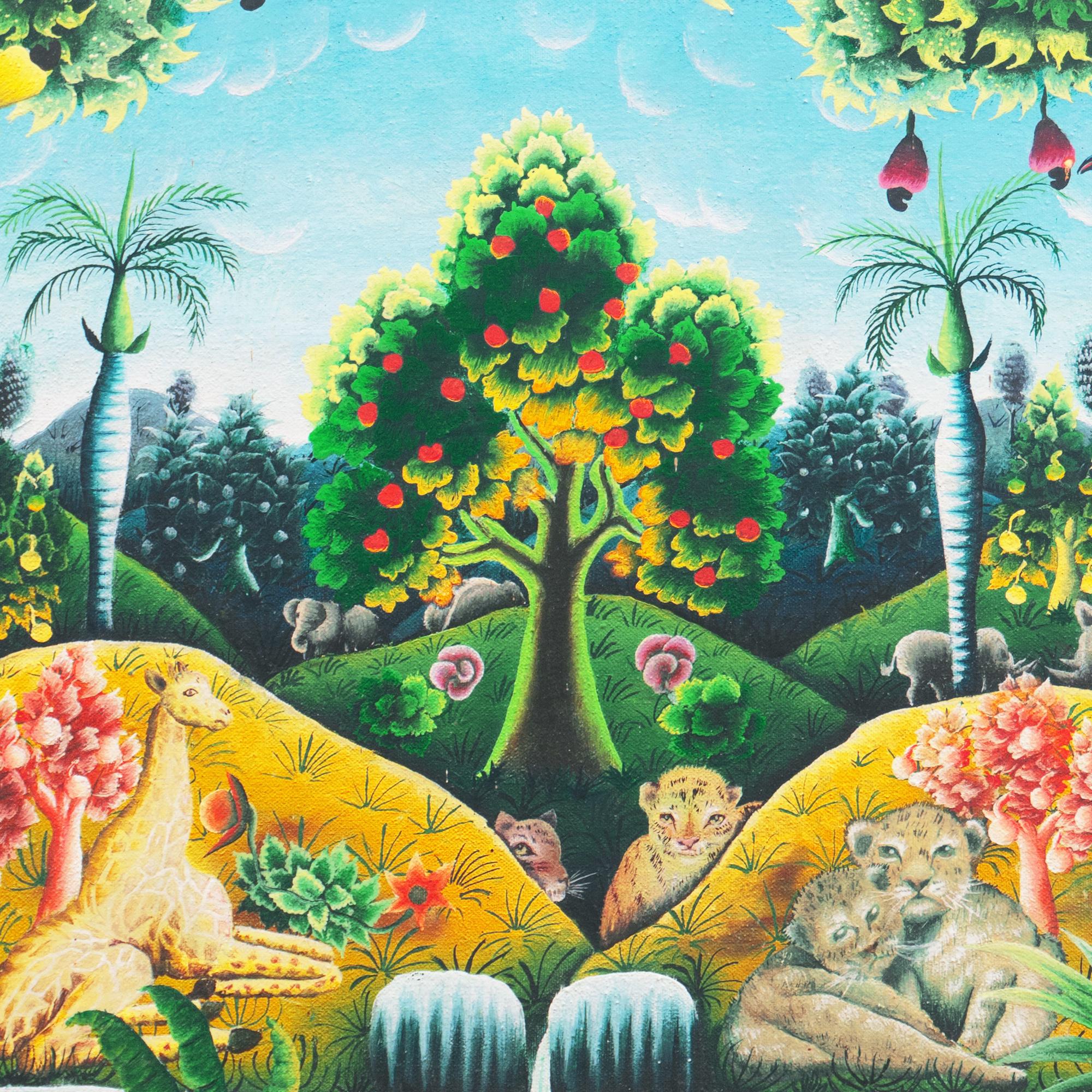 „Garden des Eden“, idyllische haitianische Volkskunst, arkadianisch, Paradies, Giraffen, Leopard im Angebot 4