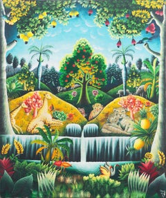 « Garden of Eden », Idyllic Folk Art haïtien, Arcadien, Paradis, girafe, léopard