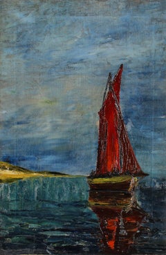 Haja - Naive Early 20th Century Oil, Red Yacht