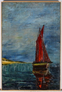 Haja - Naive Early 20th Century Oil, Red Yacht