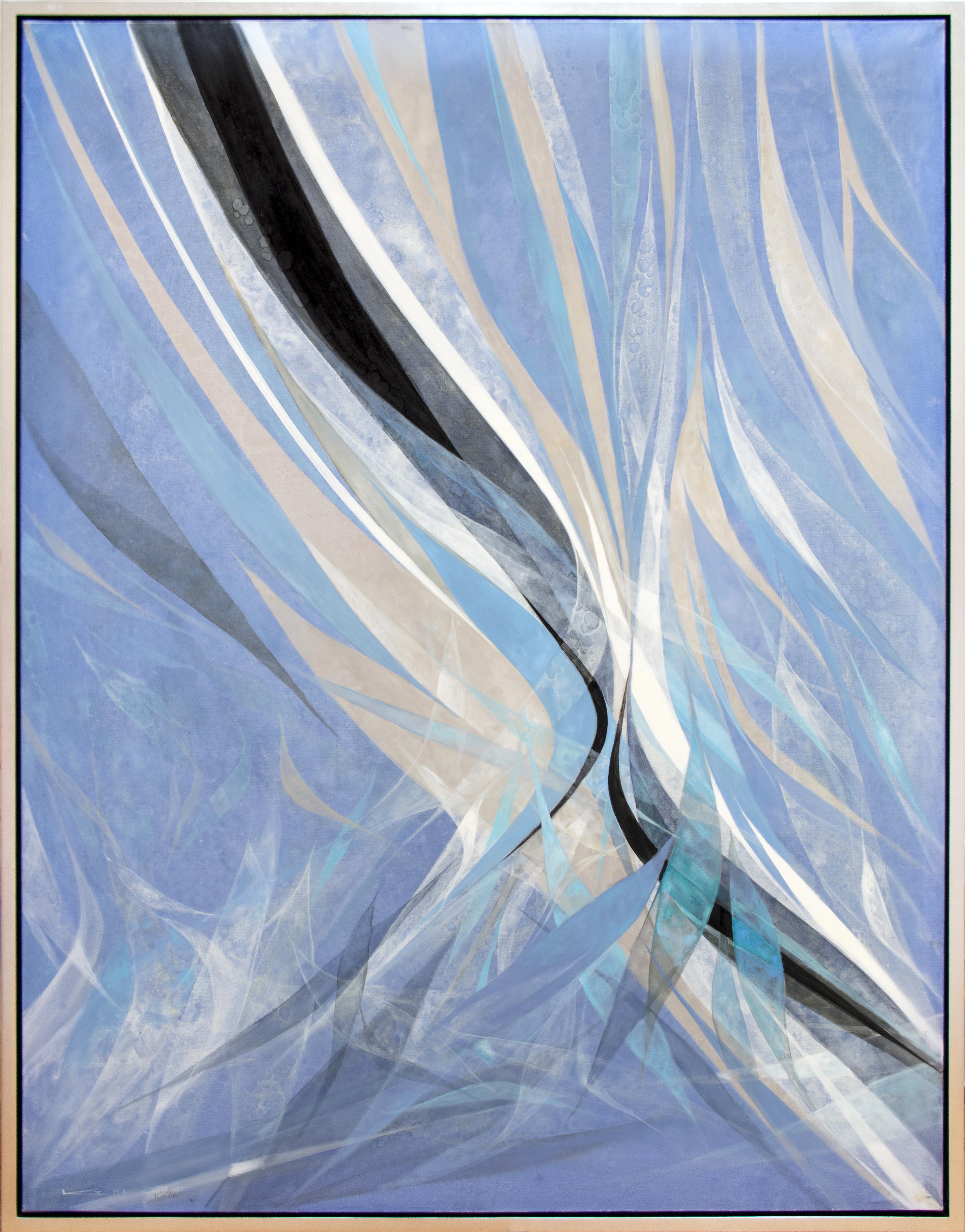 This abstract oil painting features ribbons of colors primarily in shades of blue and teal. There are some gray ribbons as well as black and white across the middle. The layering of these gestures gives the piece a sense of flight and motion.