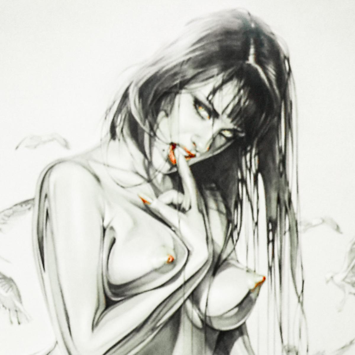 Stunning print by the legendary contemporary artist Hajime Sorayama.
Features a beautiful nude woman in water with an overall liquidly silver metallic feel.   
High gloss heavy paper gives it a great shine quality that compliments the subject very