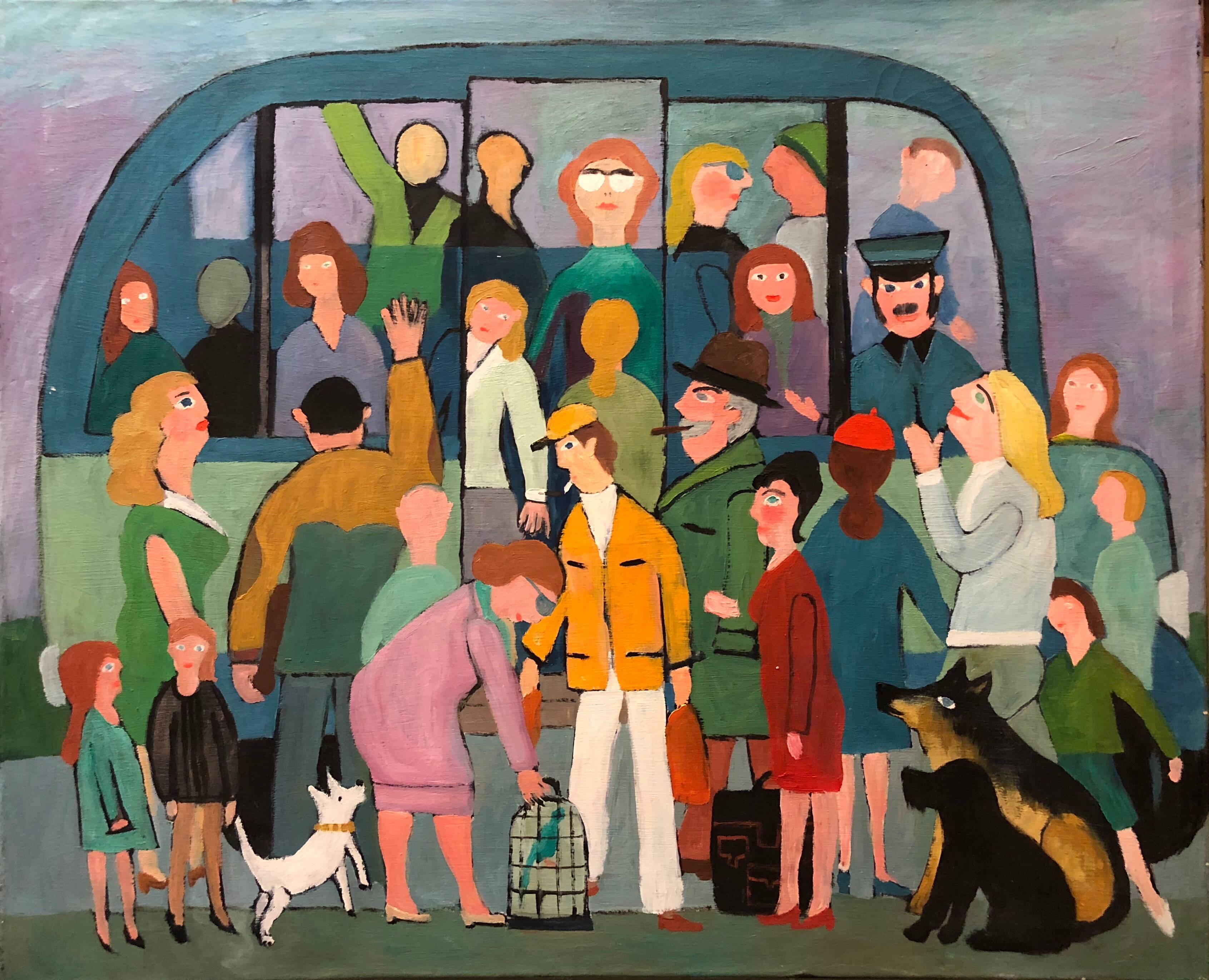 Hajo Malek Figurative Painting -  German Outsider Folk Art Large Oil Painting People Boarding the Bus