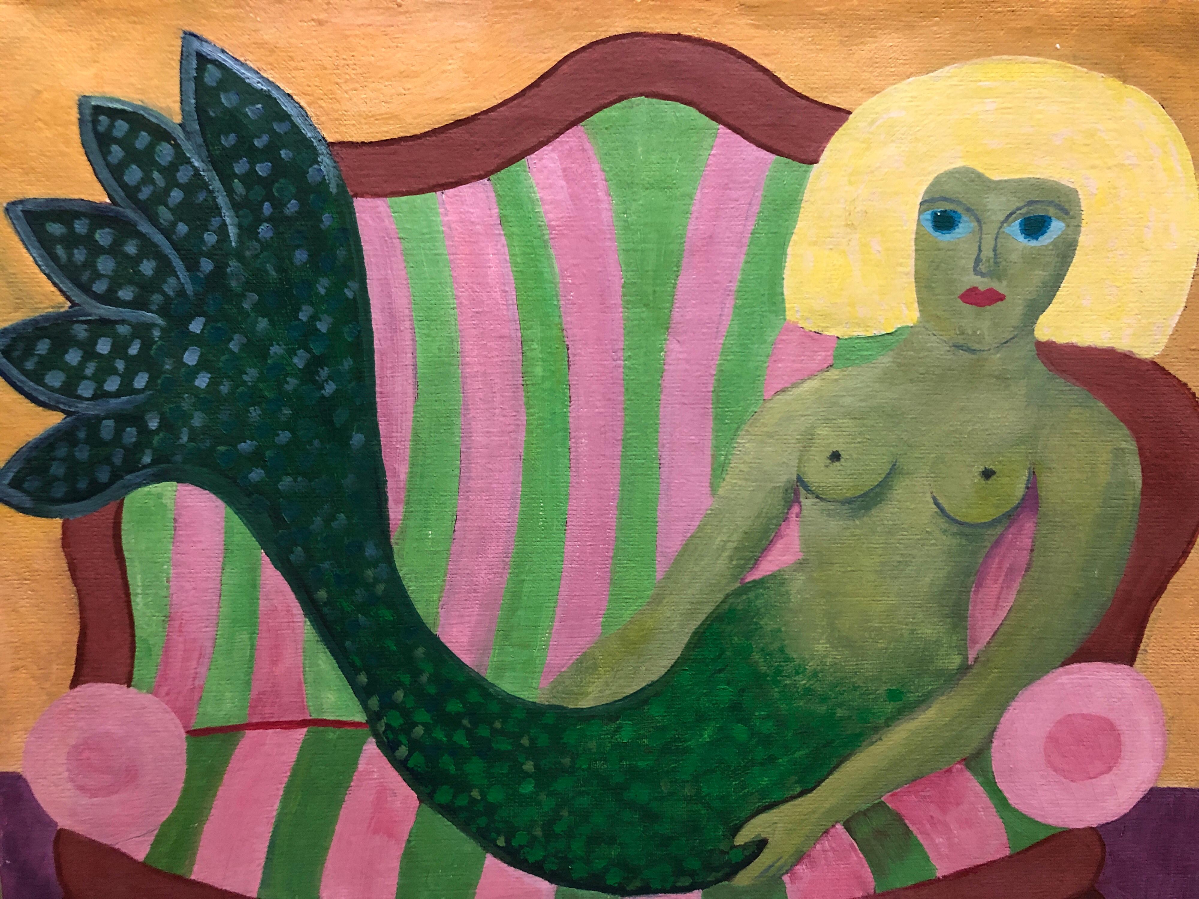 German Outsider Folk Art Oil Painting Nude Mermaid on Sofa - Beige Figurative Painting by Hajo Malek