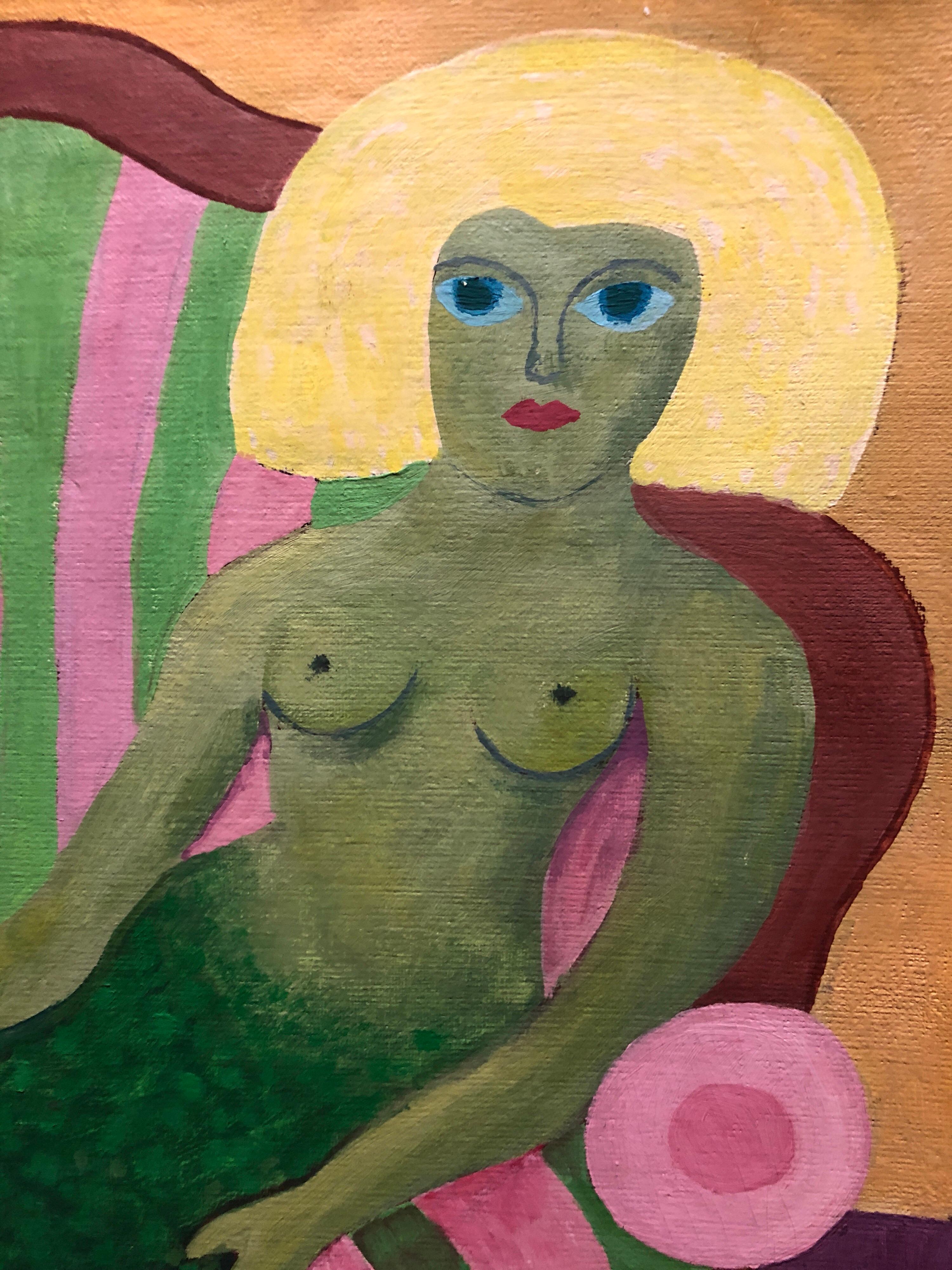 Fantasy Signed Nude Mermaid
German outsider Naive artist born in 1922. has exhibited in Germany in 1969 worked in painting, gouache and linocuts. Expressionist Folk Art style.

Naïve art is any form of visual art that is created by a person who