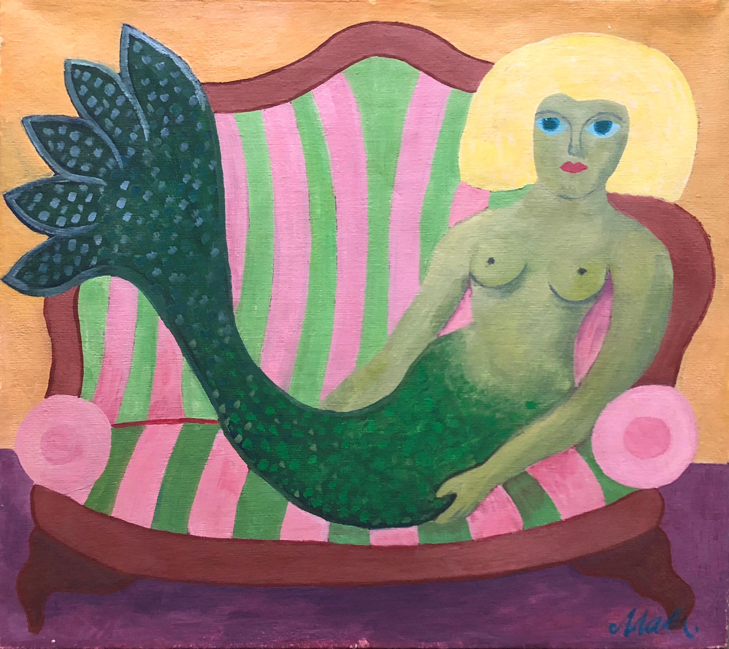 German Outsider Folk Art Oil Painting Nude Mermaid on Sofa 2