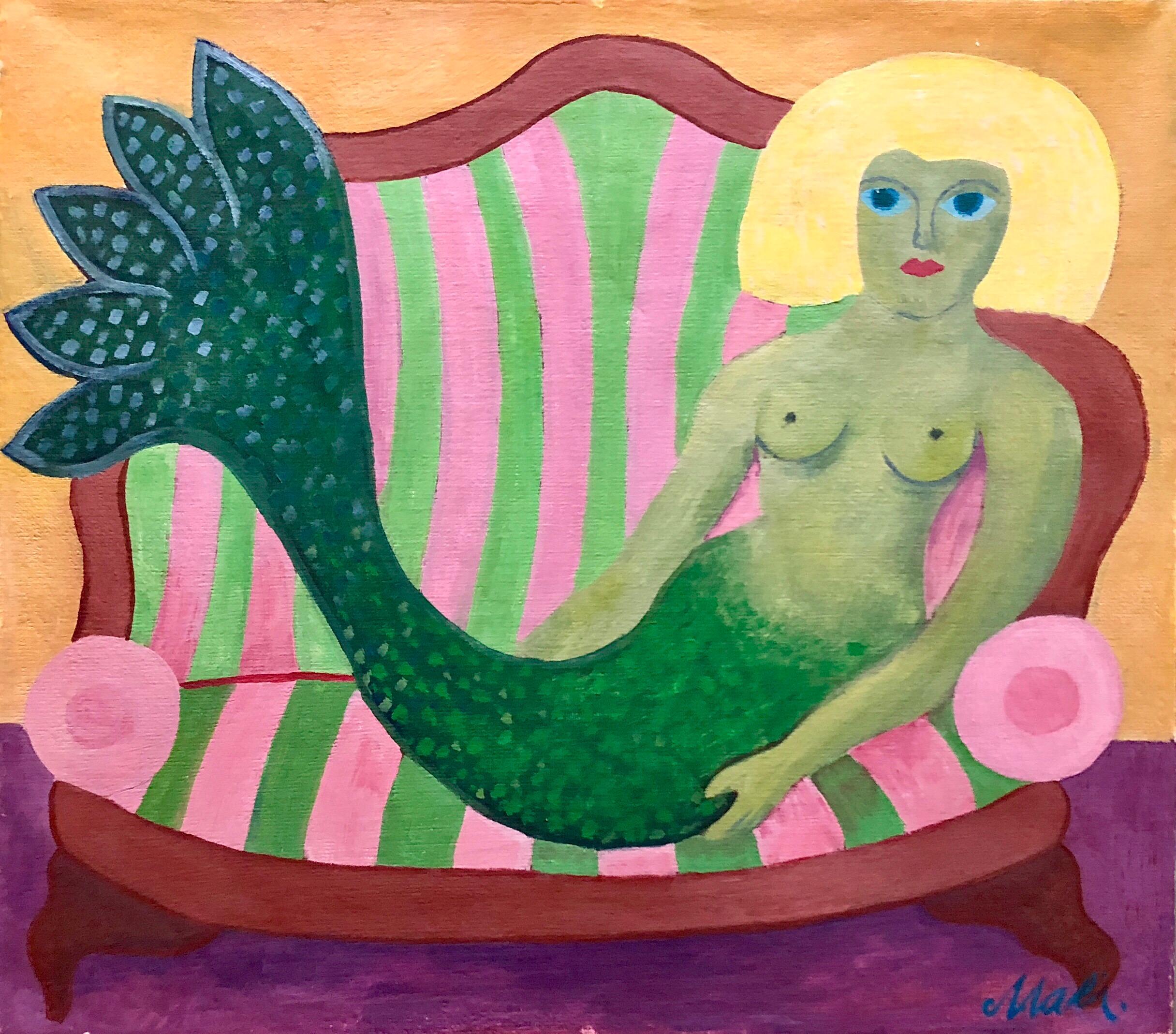 Hajo Malek Figurative Painting - German Outsider Folk Art Oil Painting Nude Mermaid on Sofa