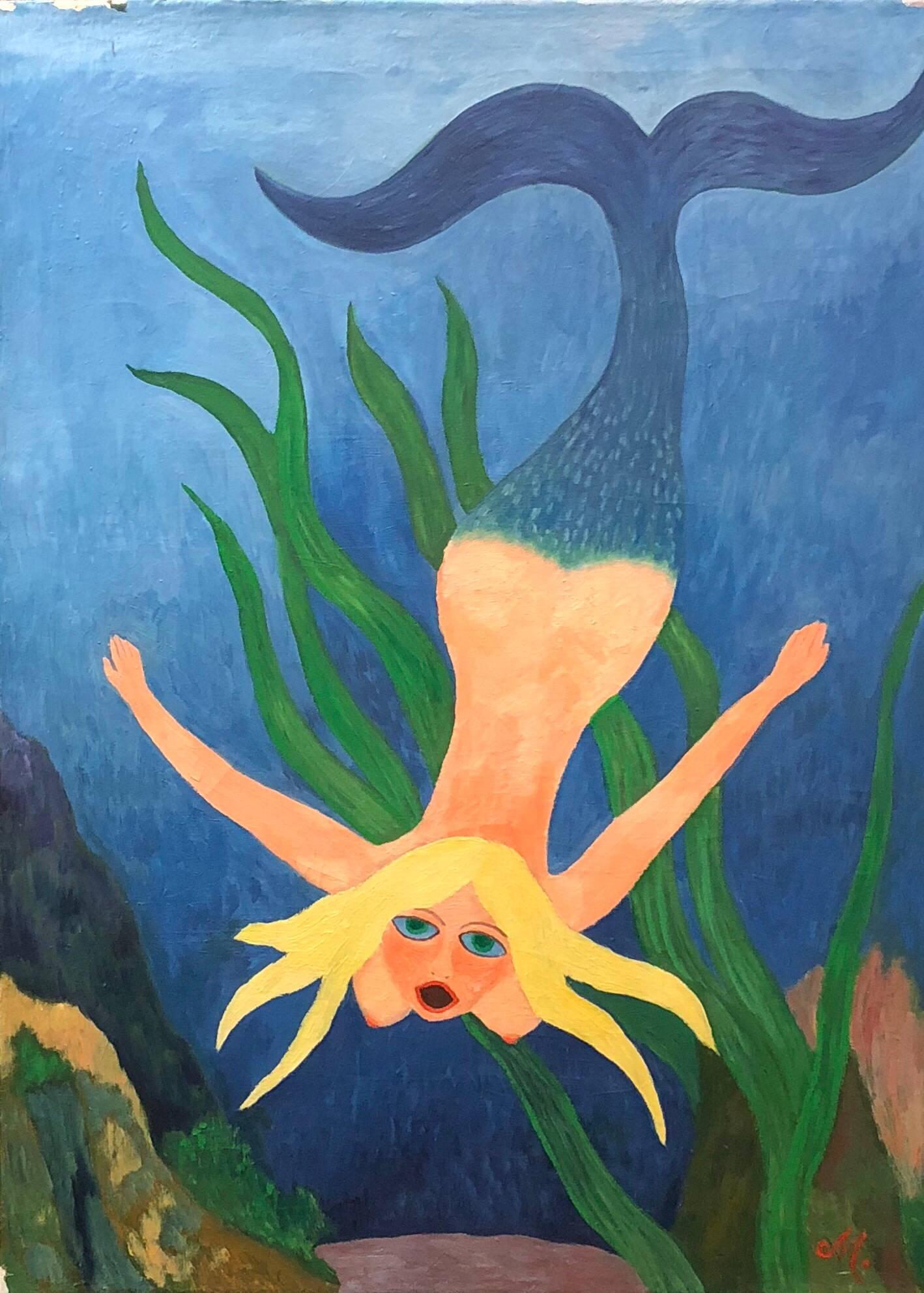 Akt Meerjungfrau unter Meer, deutsches Outsider-Volkskunst-OIl-Gemälde