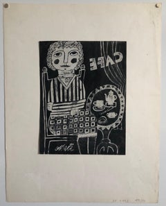 German Outsider Folk Art Naive CAFE Woodcut Woodblock Print