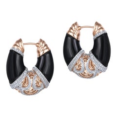 H.Ajoomal Black Onyx & Diamond Hoops with Filigree Pattern in 18kt Yellow Gold