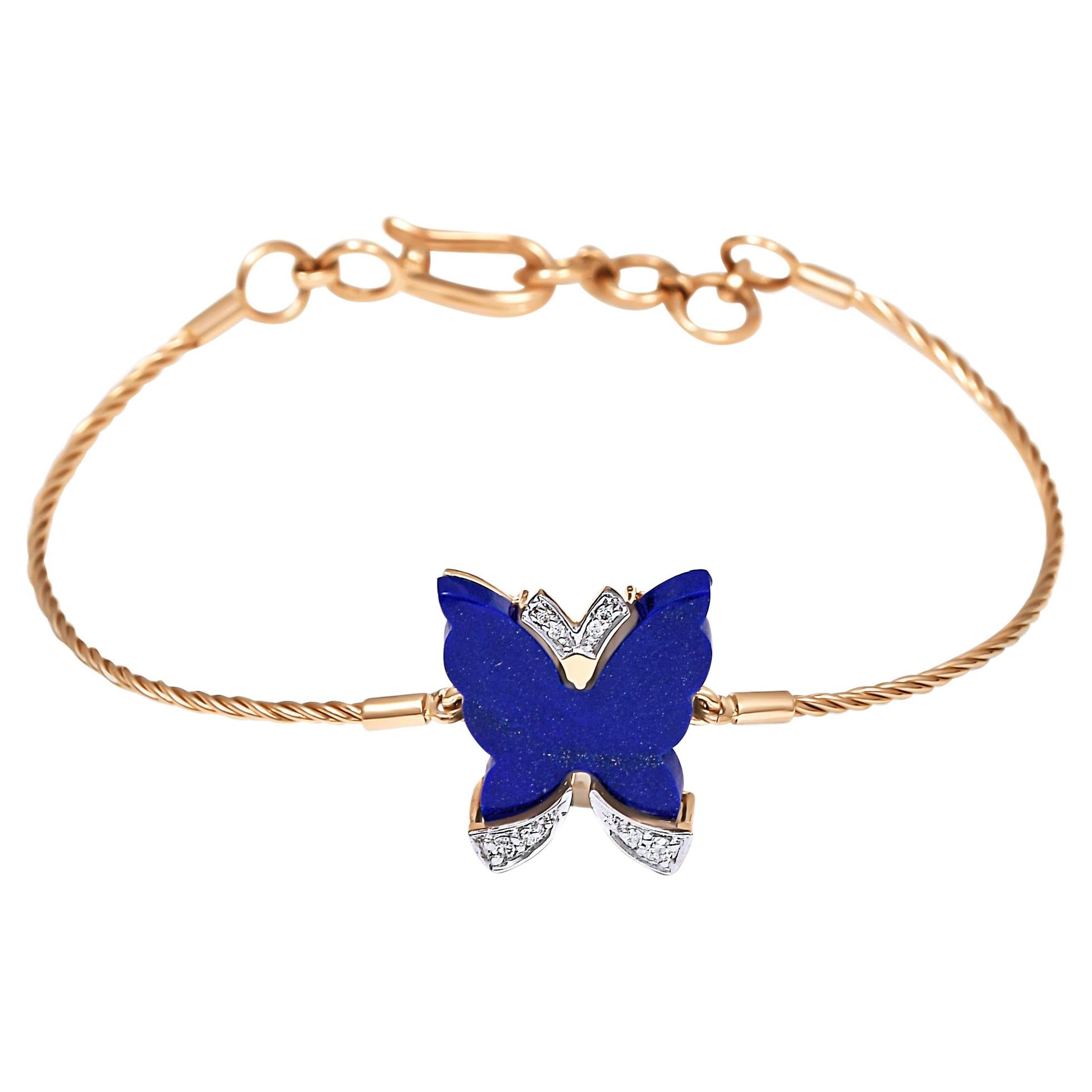 H.Ajoomal Butterfly Lapis Lazuli & Diamonds Cable Bracelet in Yellow Gold For Sale