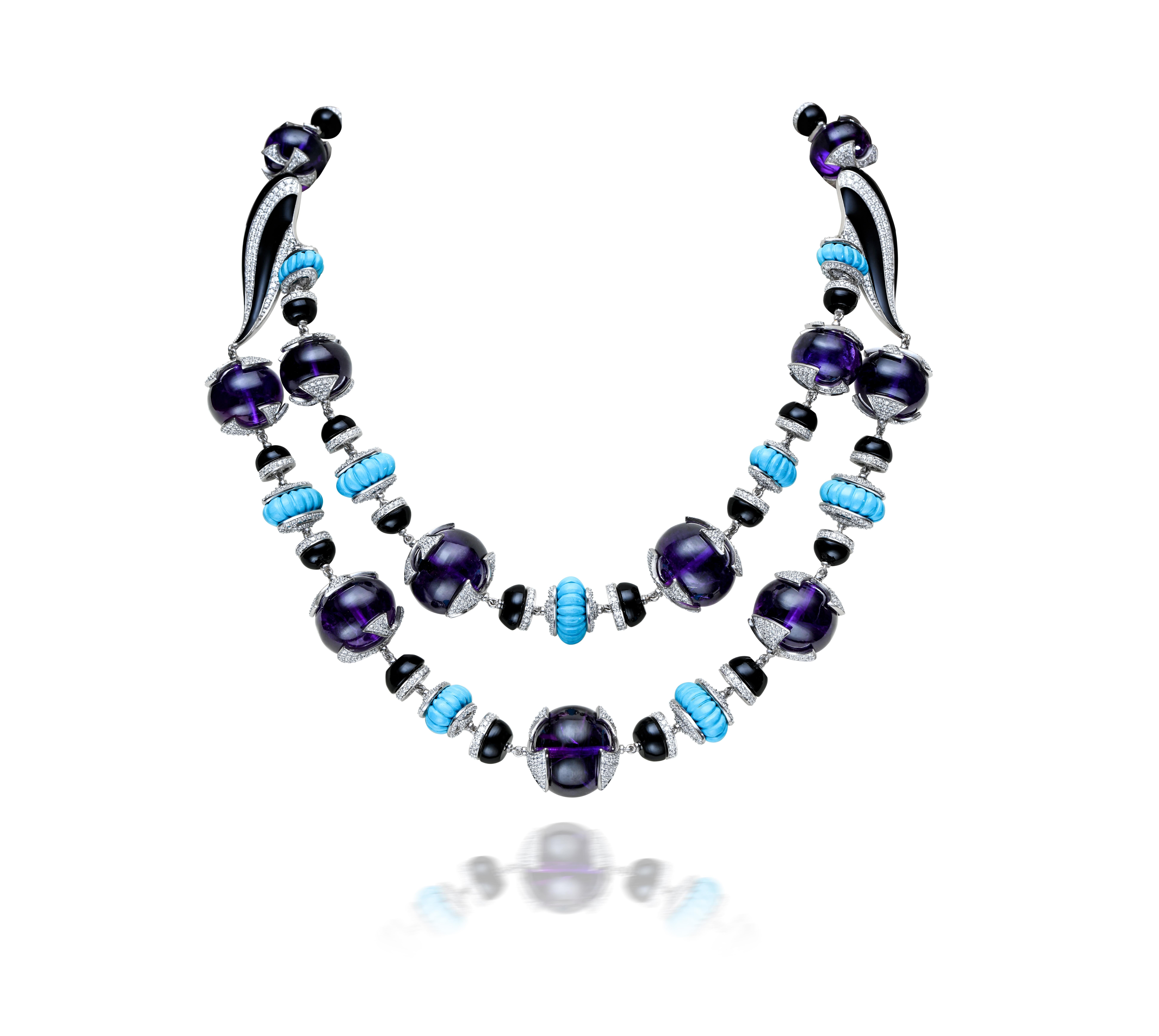 Round Cut H.Ajoomal Double Line Necklace with Diamonds, Amethyst Beads, Turquoise & Enamel For Sale