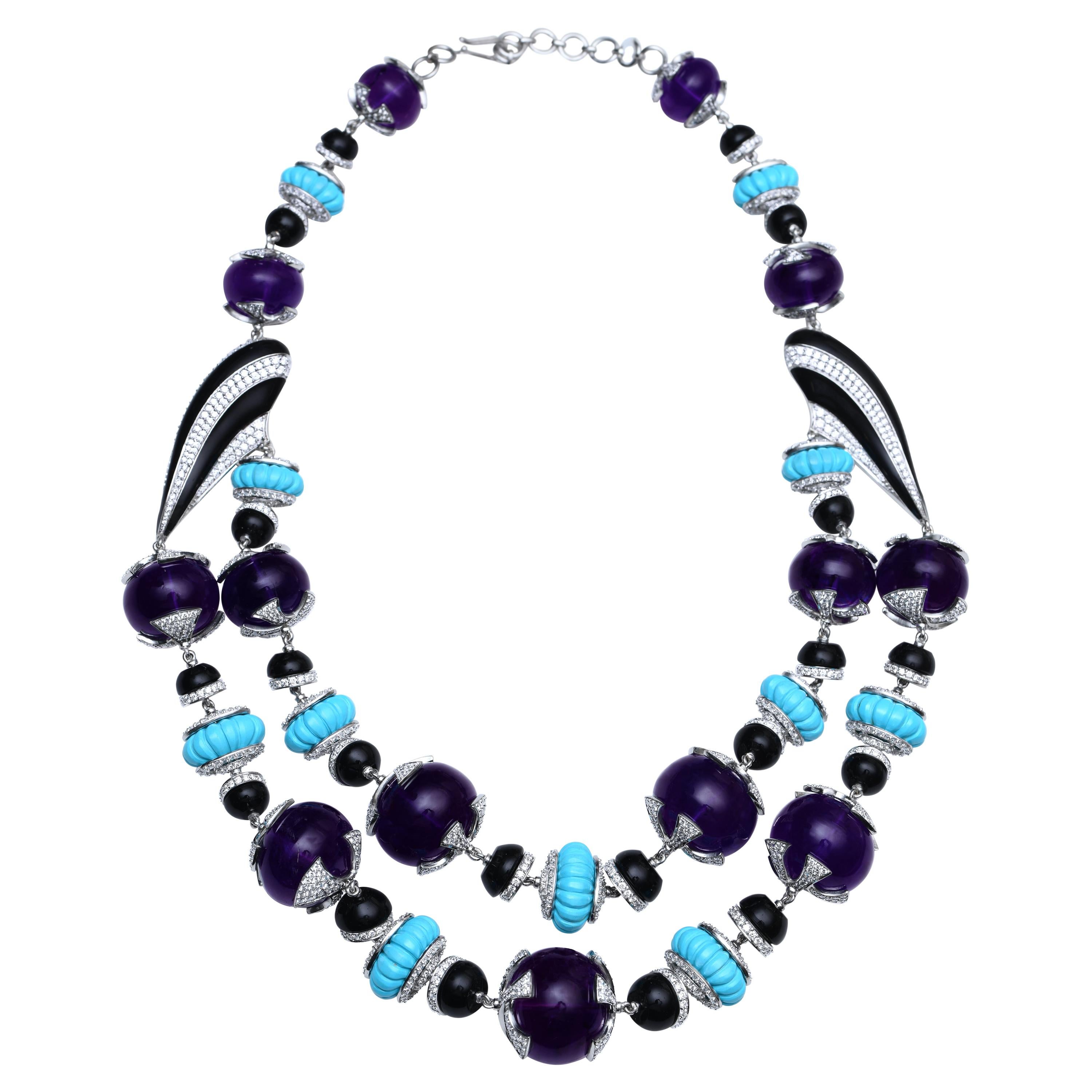 H.Ajoomal Double Line Necklace with Diamonds, Amethyst Beads, Turquoise & Enamel For Sale