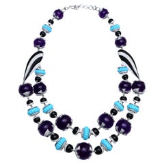 H.Ajoomal Double Line Necklace with Diamonds, Amethyst Beads, Turquoise & Enamel