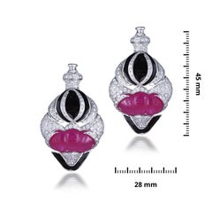 H.Ajoomal Earclips in Carved Ruby, Diamond & Black Enamel in 18 Karat White Gold