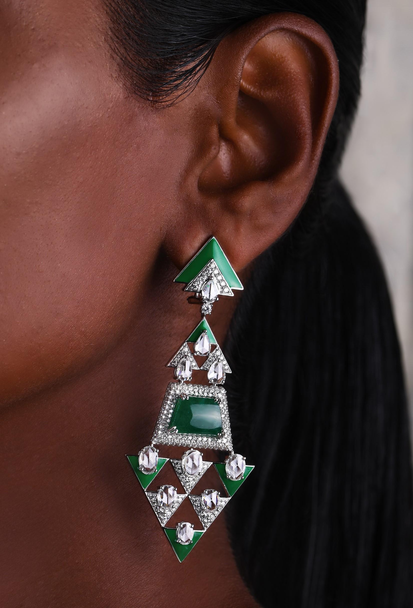 Art Deco H.Ajoomal Earrings in Emerald Cabochons, Diamonds & Green Enamel in White Gold For Sale