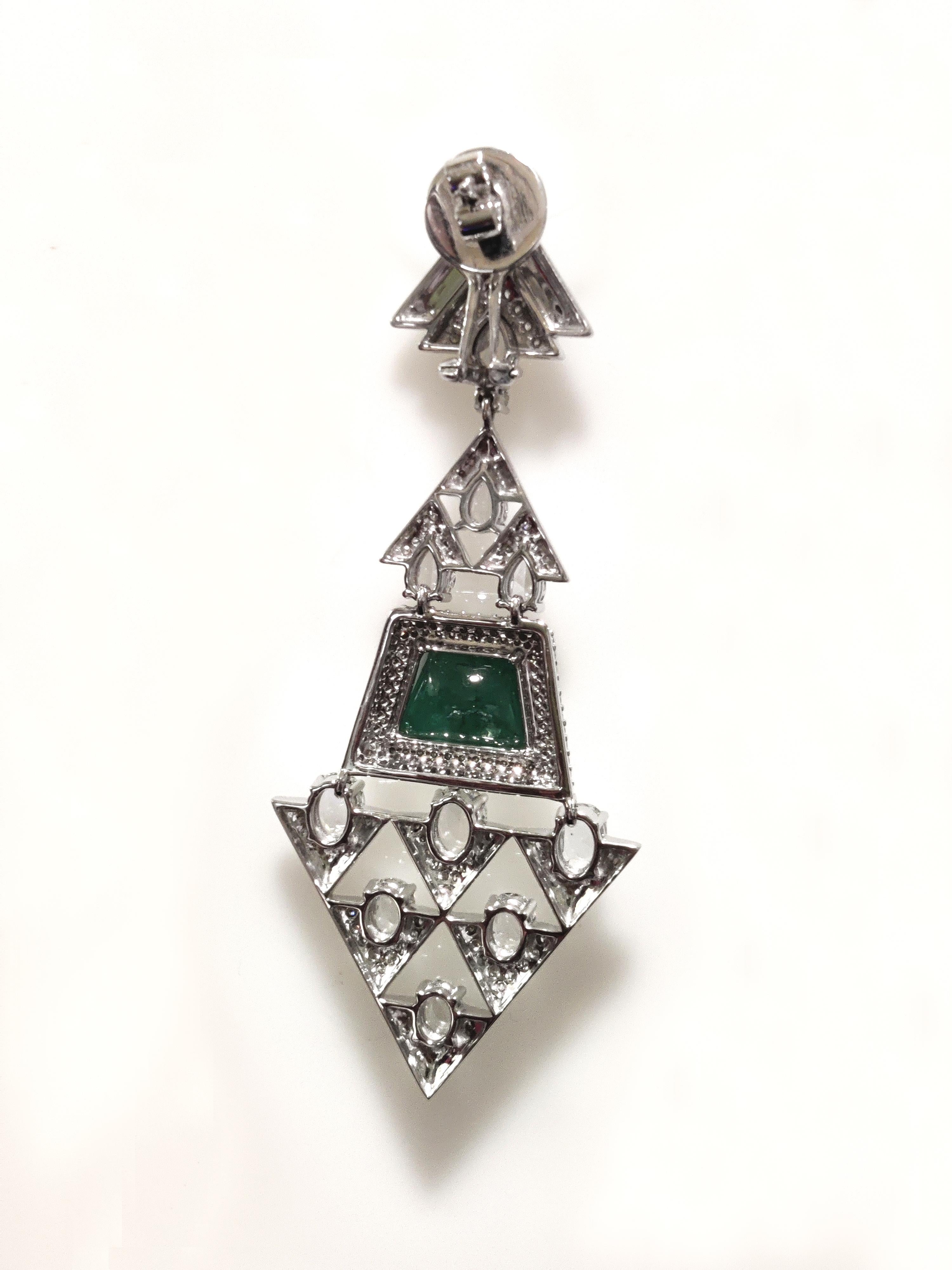 Women's H.Ajoomal Earrings in Emerald Cabochons, Diamonds & Green Enamel in White Gold For Sale