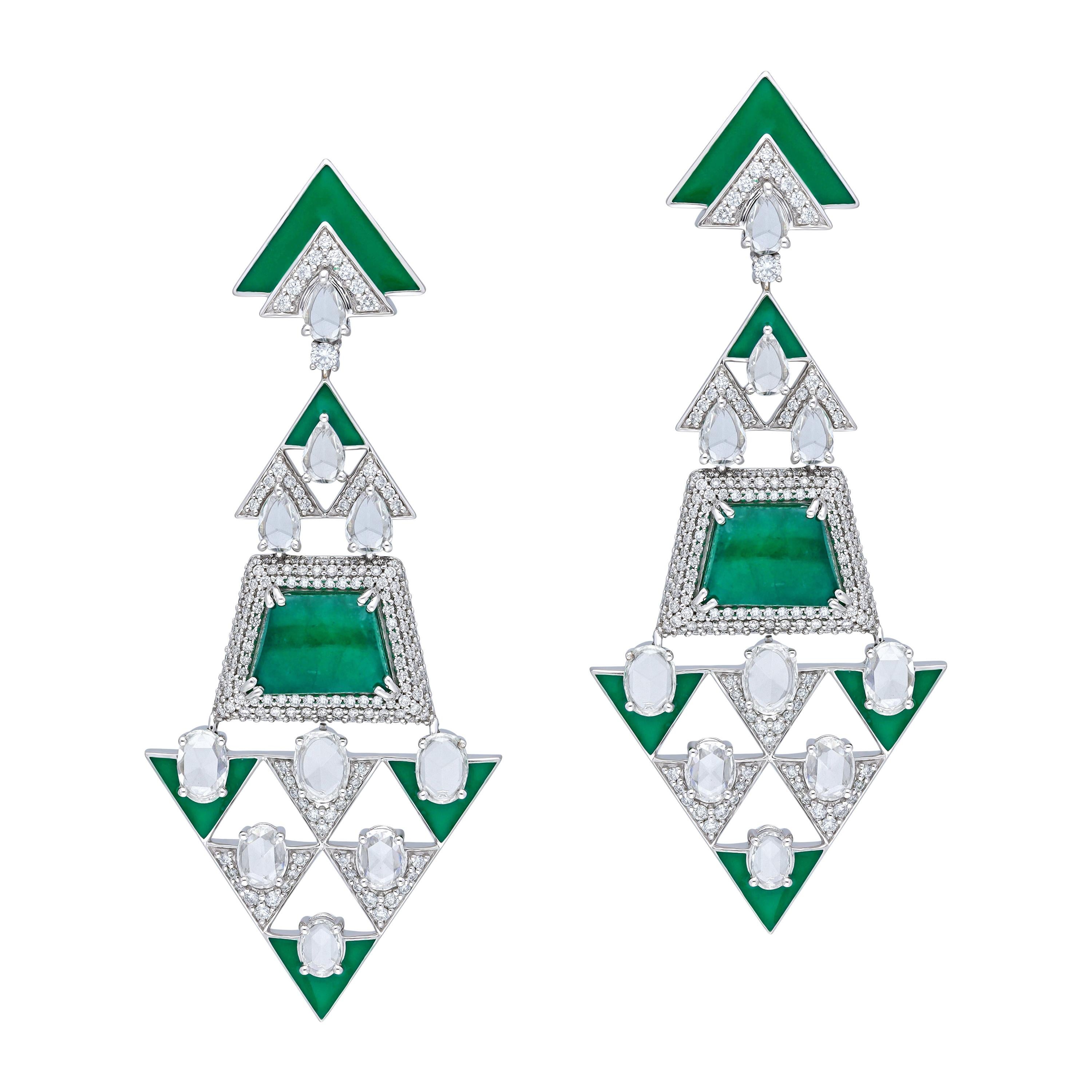H.Ajoomal Earrings in Emerald Cabochons, Diamonds & Green Enamel in White Gold For Sale