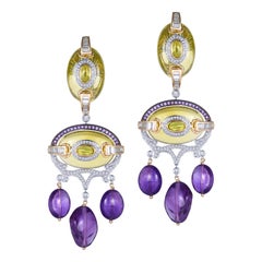 H.Ajoomal Earrings in Oval Peridot, Baroque Amethyst Drops and Diamond Baguettes