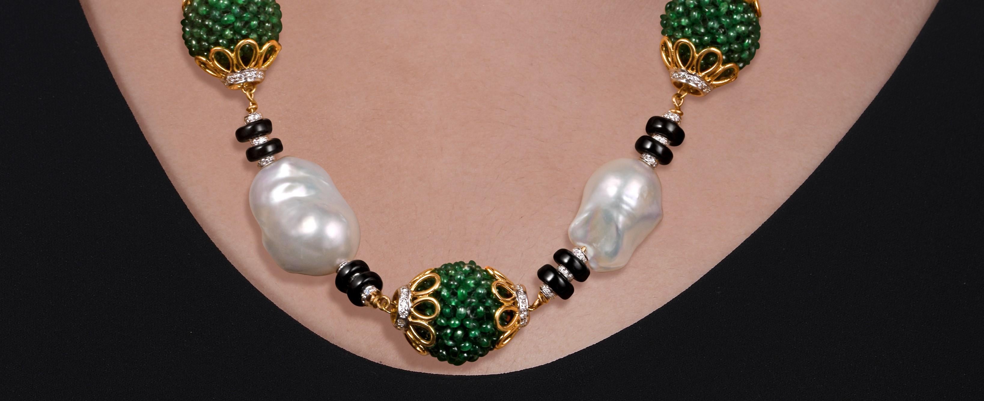 Round Cut H.Ajoomal Emerald Beads Barouqe Pearls Necklace with Black Onyx & Diamond Rings For Sale