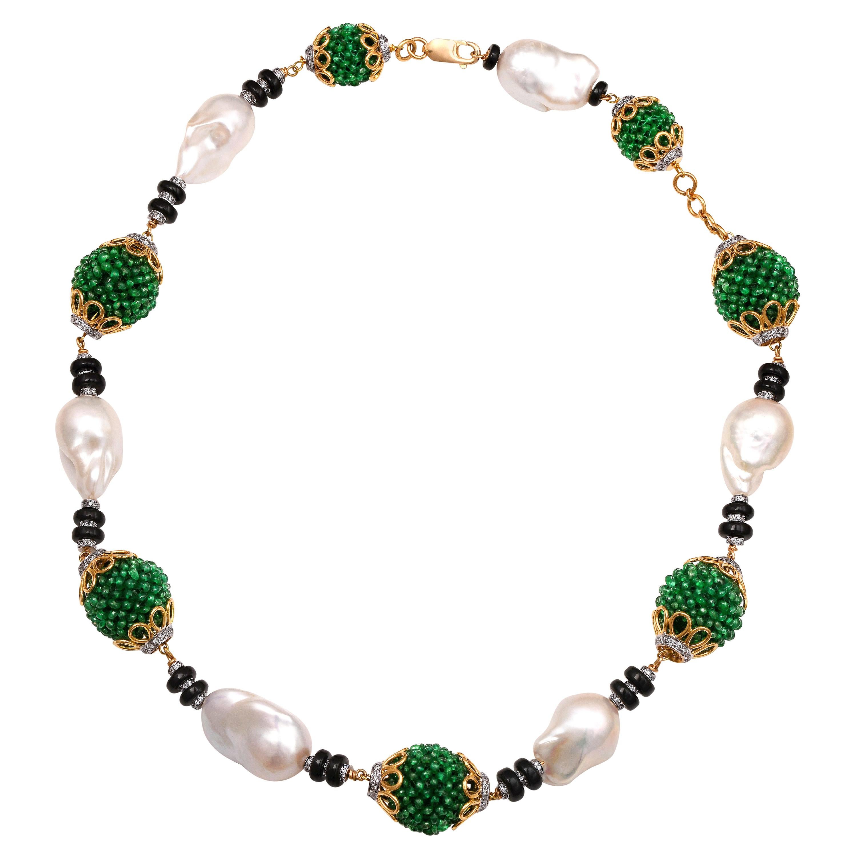 H.Ajoomal Emerald Beads Barouqe Pearls Necklace with Black Onyx & Diamond Rings For Sale