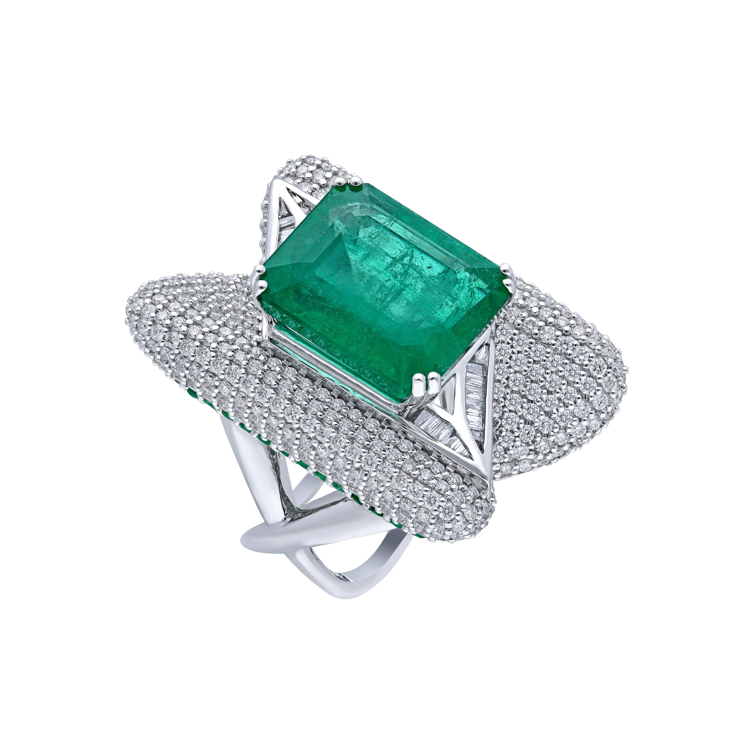 H.Ajoomal Emerald Cocktail Ring with Diamond & Baguette Sections & Emerald Pave For Sale