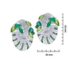 H.Ajoomal Emerald, Peridot Garnets, Pave Diamond Ear Clips 18 Karat White Gold