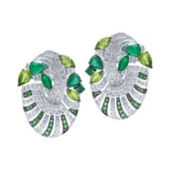 H.Ajoomal Emerald, Peridot Garnets, Pave Diamond Ear Clips 18 Karat White Gold