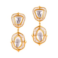 H.Ajoomal Large Flat Diamond Earrings on Patterned White Enamel in 18 Karat Gold