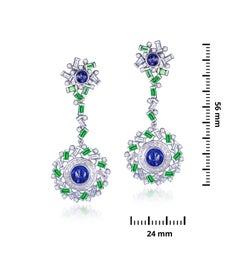 H.Ajoomal Long Earrings in Tanzanite Cabochons, Green Tsavorite & Diamonds