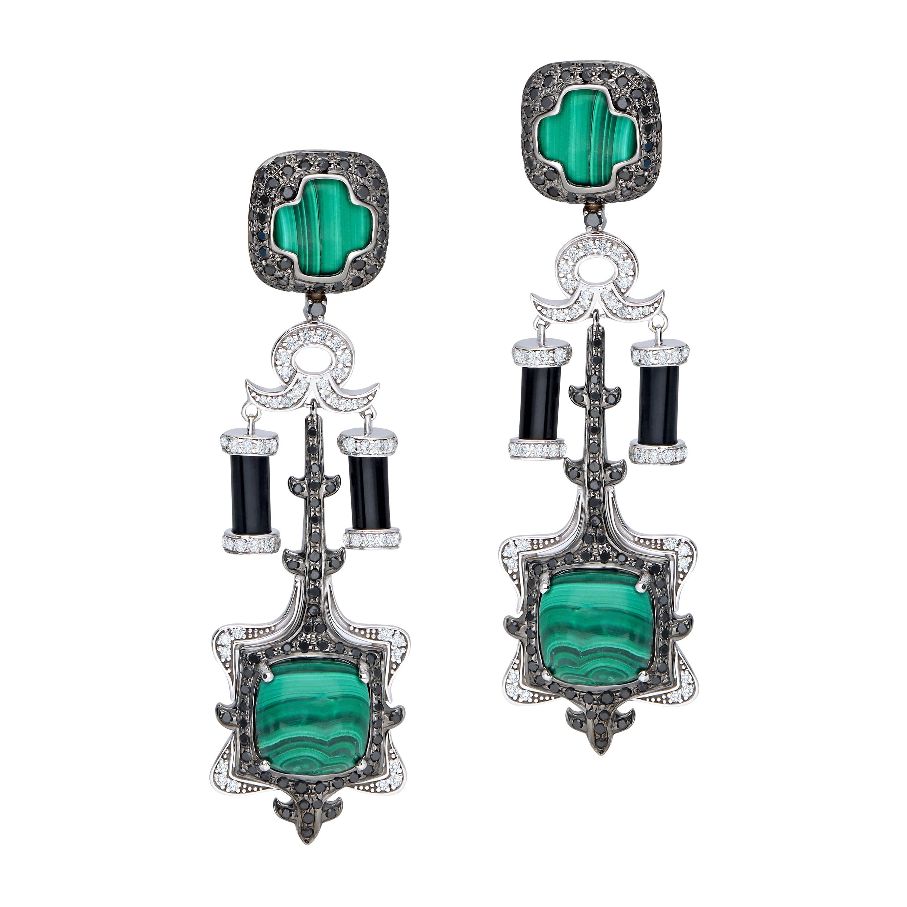 H.Ajoomal Malachite Cabochon, Black Onyx Earrings with Black and White Diamonds For Sale