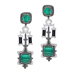 H.Ajoomal Malachite Cabochon, Black Onyx Earrings with Black and White Diamonds