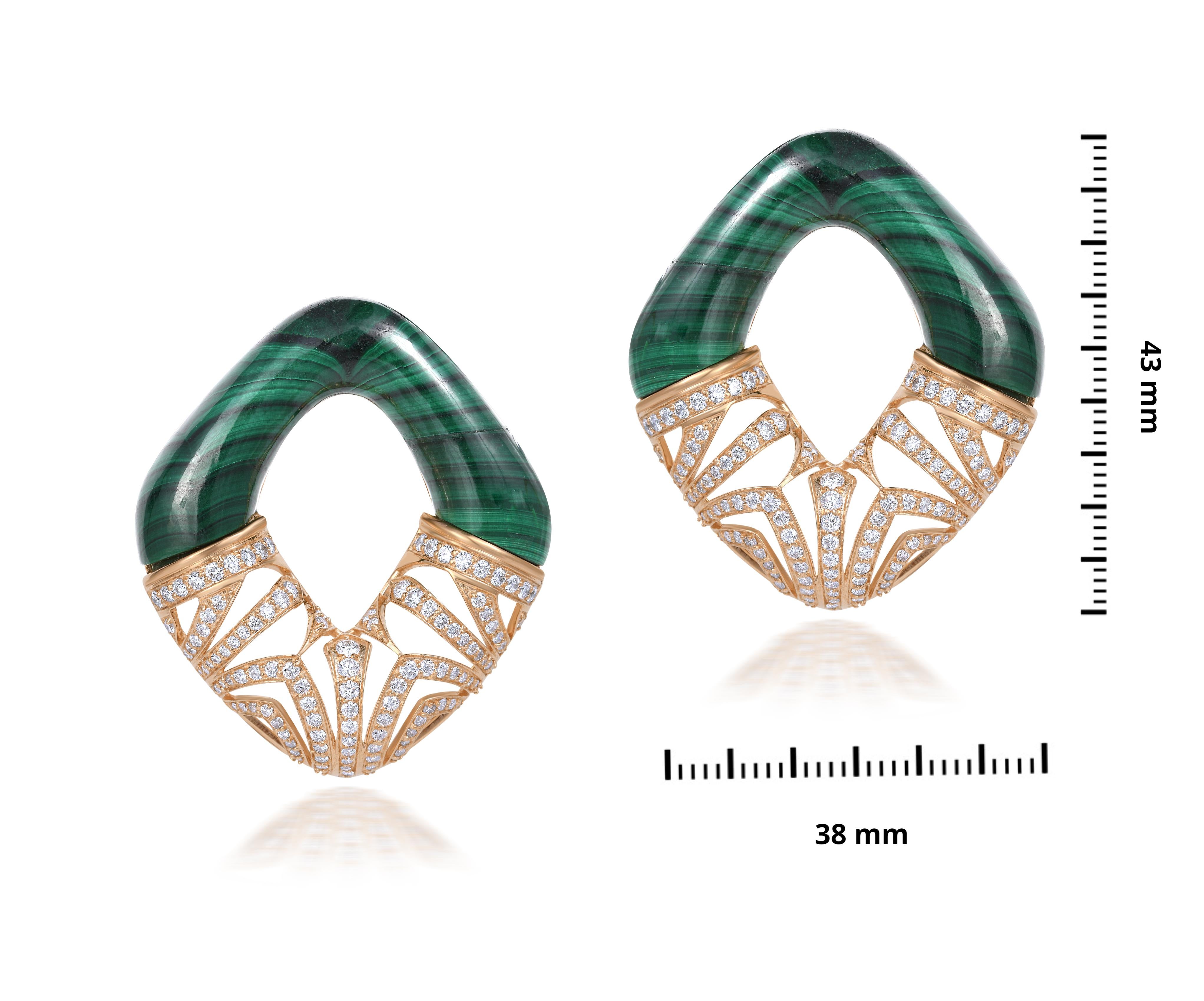 A Pair Of Earrings In Carved Malachite In an Aztec Inspired Diamond Pattern in Yellow Gold 18k . Typical of his style Harshad Ajoomal merges 