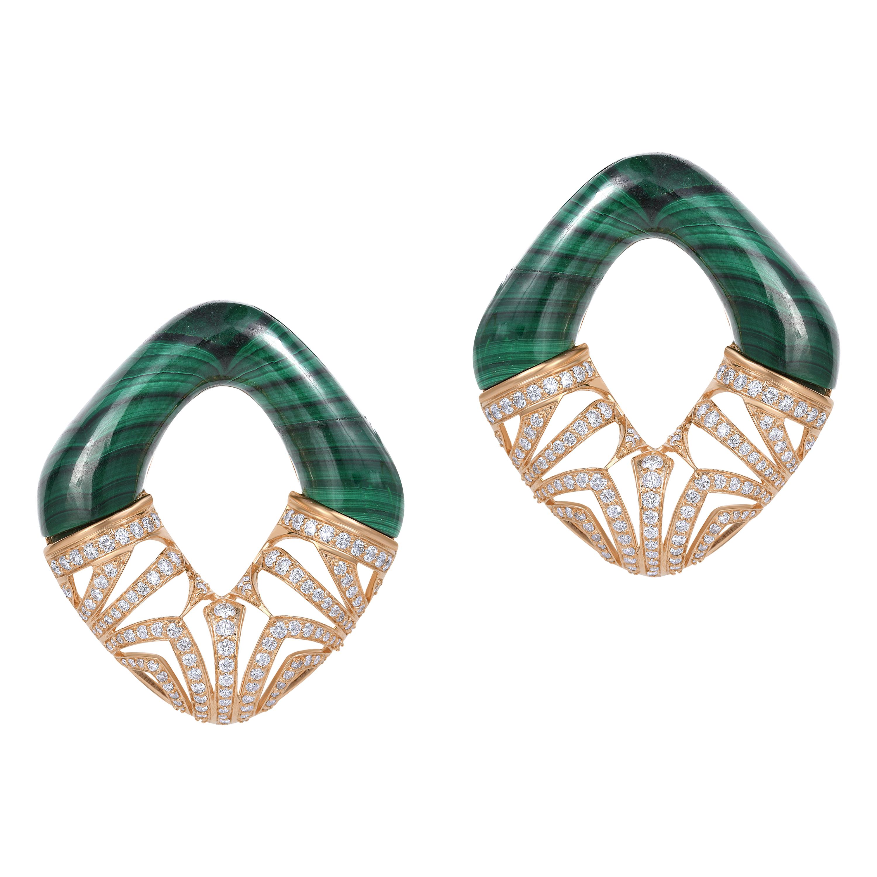 H.Ajoomal Malachite Ear Clips in an Aztec Pattern of Pave Diamonds 18 Karat Gold For Sale