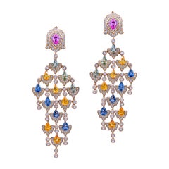 H.Ajoomal Multi Sapphire Chandelier and Diamond Earrings in 18 Karat Rose Gold