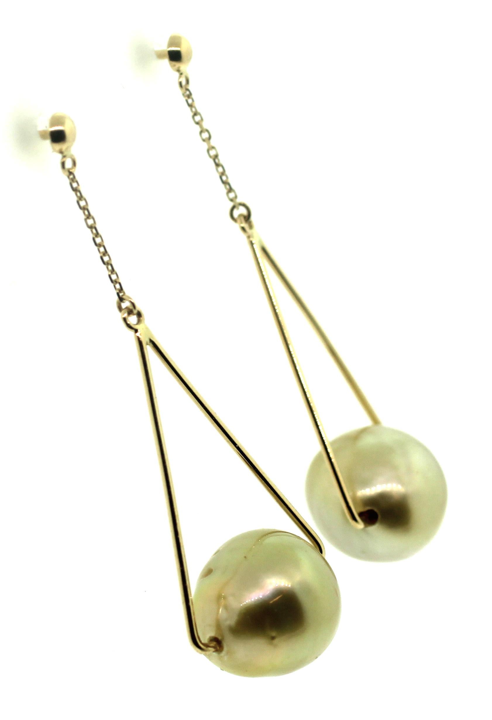 Bead Hakimoto 11 mm  Dangling 18K Yellow Gold South Sea Pearl Earrings For Sale