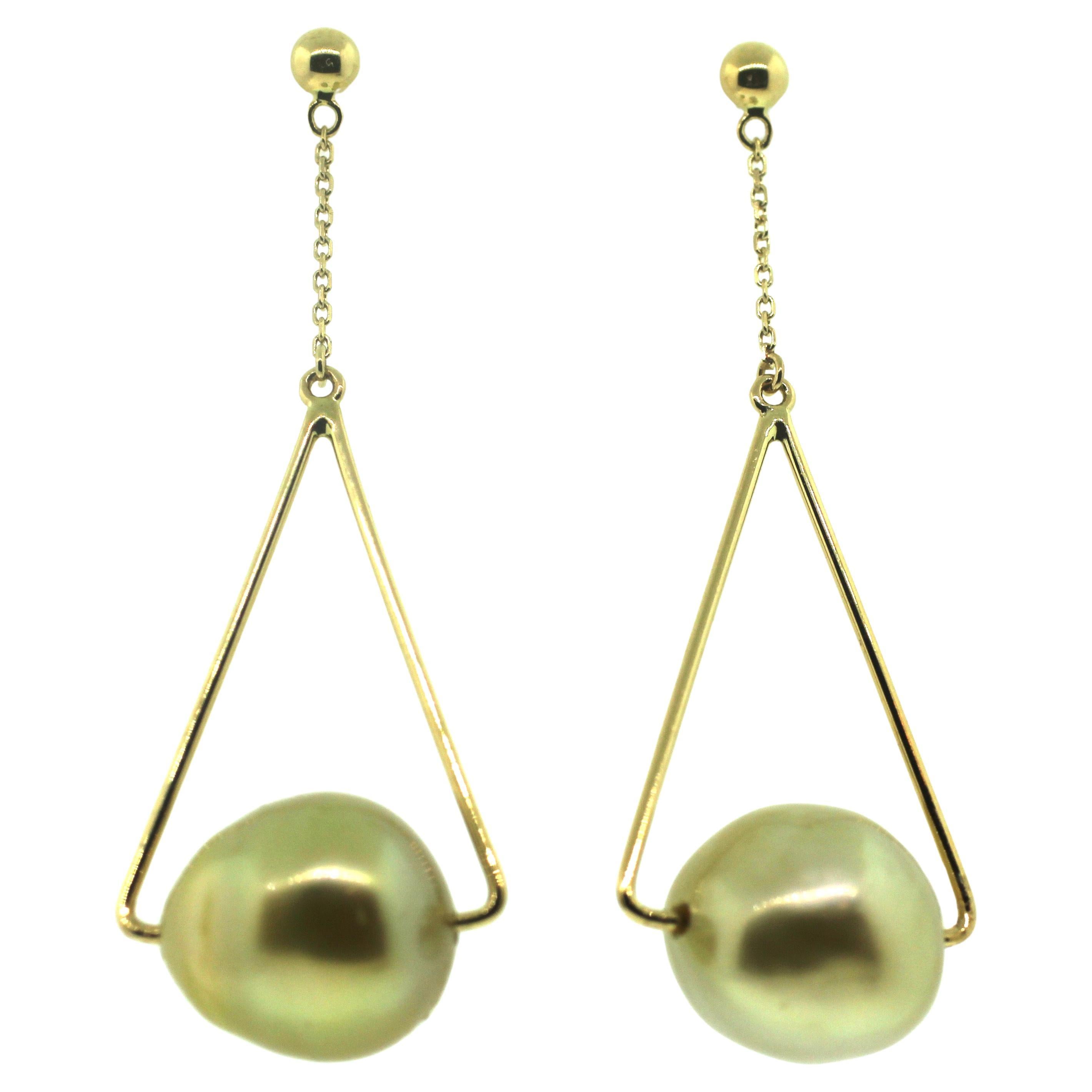 Hakimoto 11 mm  Dangling 18K Yellow Gold South Sea Pearl Earrings For Sale