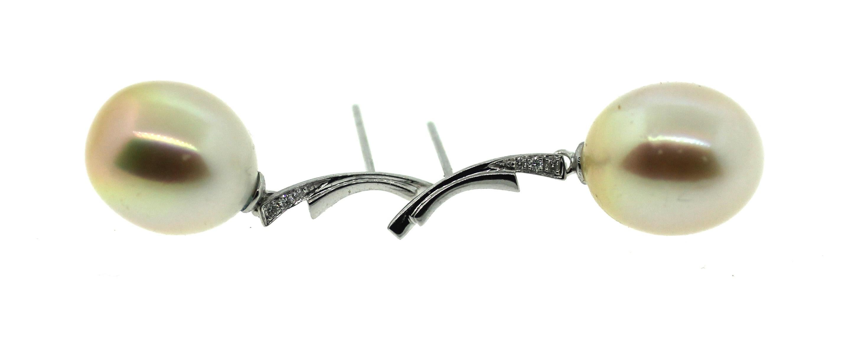 Modern Hakimoto 13 mm South Sea Drop Cultured Pearl 18k Diamond Earrings For Sale