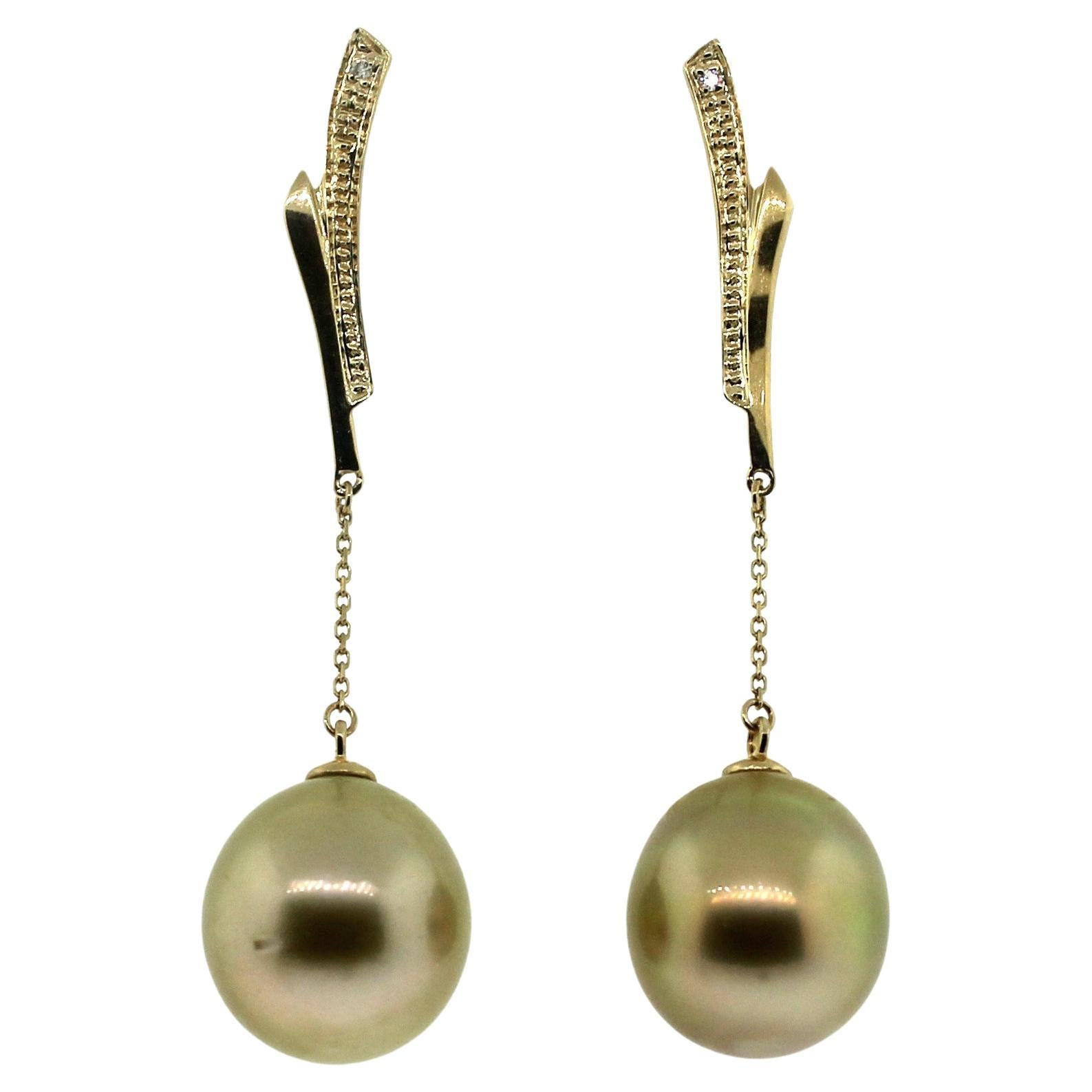 Hakimoto 13-12 mm South Sea Drop Cultured Pearl 18k Diamond Earrings For Sale