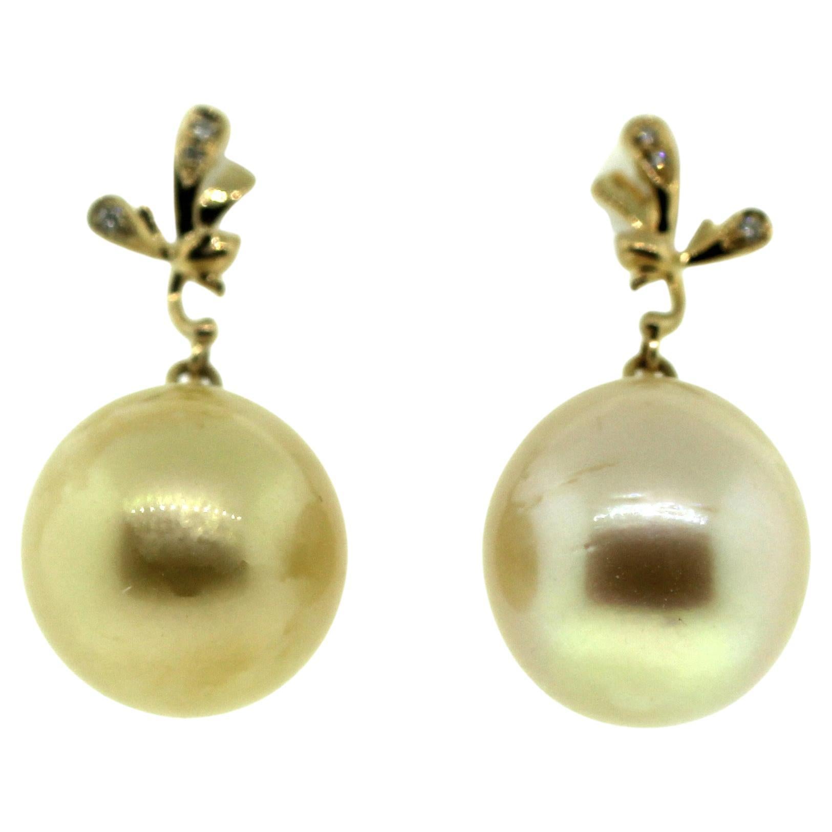 Hakimoto 13-12 mm South Sea Drop Cultured Pearl 18k Diamond Earrings For Sale