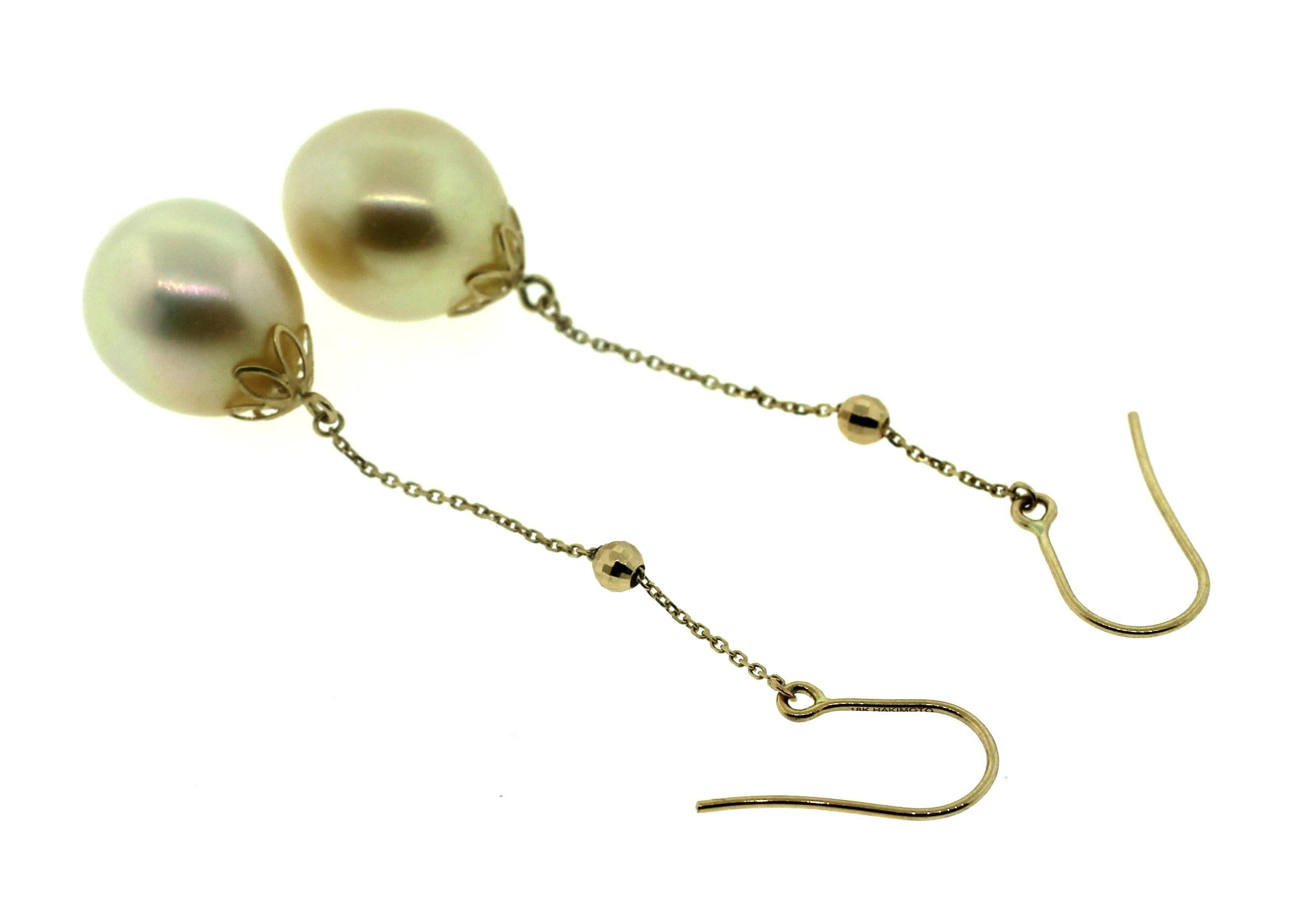 Hakimoto 13-12 mm South Sea Drop Cultured Pearl 18k Earrings In New Condition For Sale In New York, NY