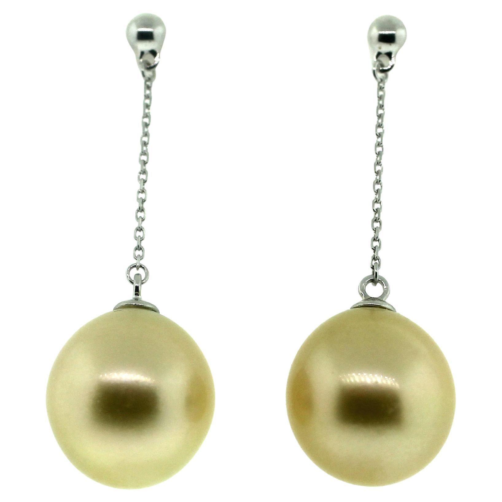 Hakimoto 18k White Gold Natural Color 12mm South Sea Pearl Drop Earrings  For Sale