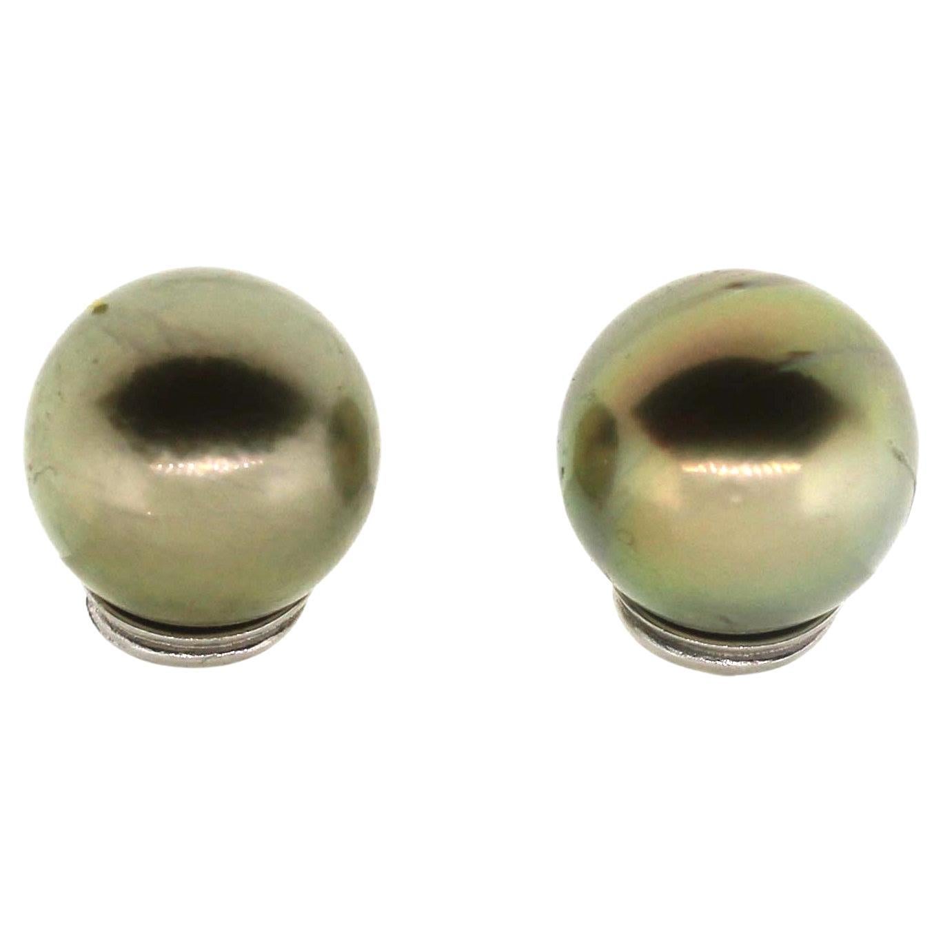 Hakimoto 12.5 mm Tahitian Rare Natural Pistachio Color 18K White Gold Earrings